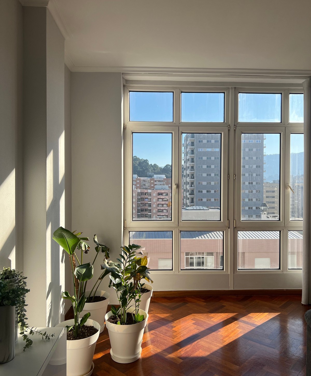 Helle leer stehende Wohnung mit großen Fenstern und Stadtblick
