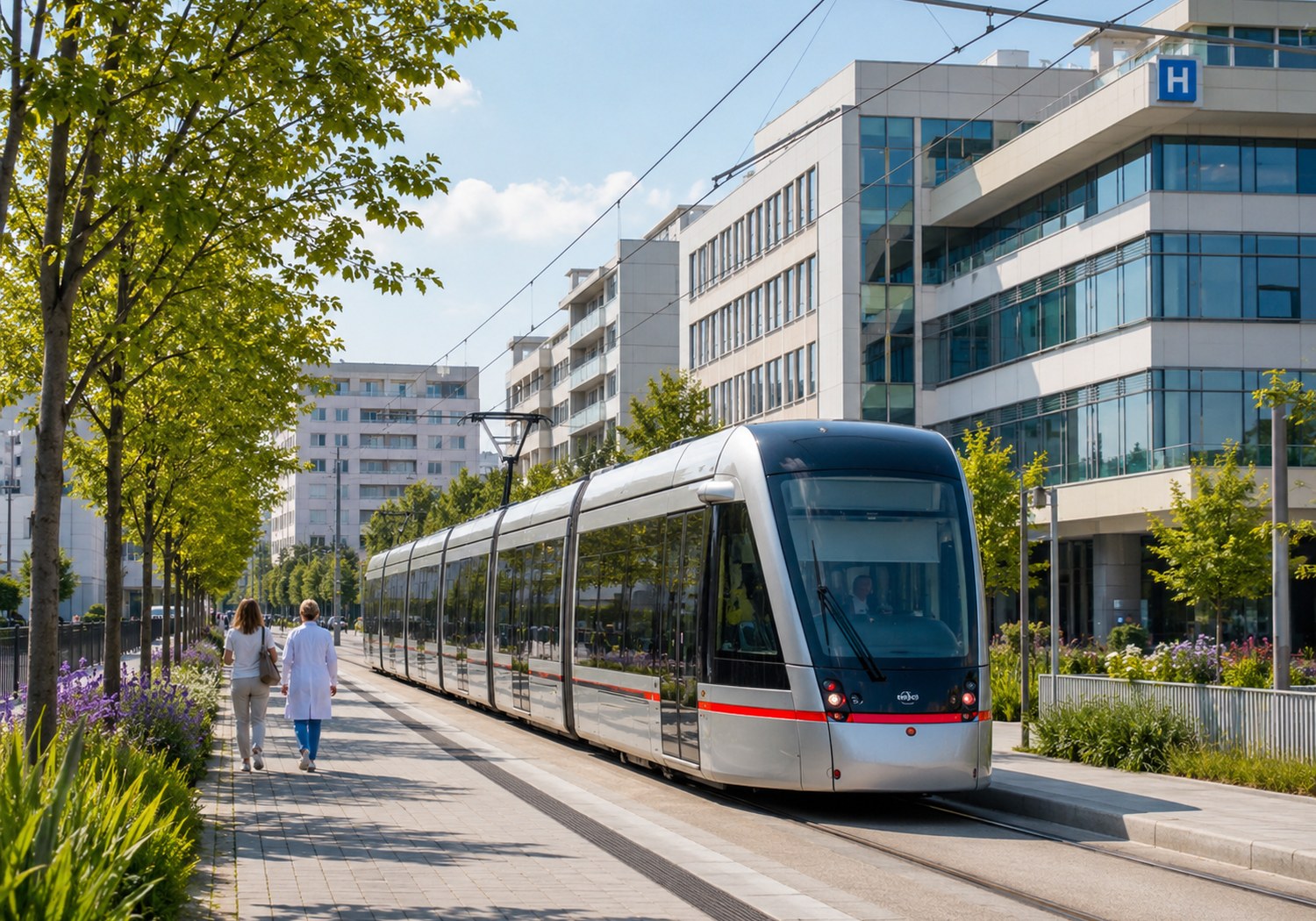 Moderne Straßenbahn vor einem Krankenhausstandort in heller Stadtumgebung